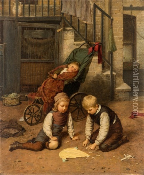 Children Playing In The Courtyard Oil Painting - Harry Brooker