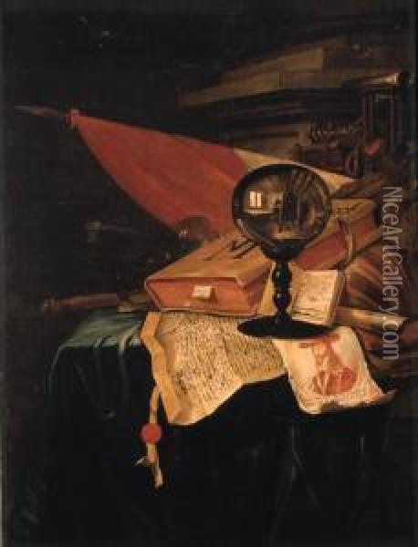 A Vanitas Still Life With The Artist At His Easel Reflected In Acrystal Ball, And With A Book, A Lute, A Flag, A Chipped Roemer, Aflute, A Baton, An Hourglass, An Open Book Showing A View Ofantwerp, A Portrait Engraving Of King Charles I, And A Charter Wi Oil Painting - Vincent Laurentsz. van der Vinne I