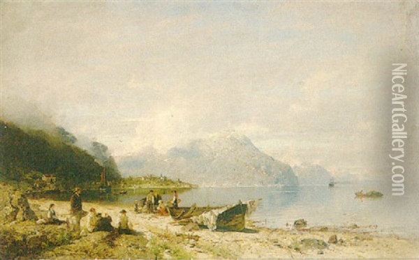 Fishermen Beside A Fjord Oil Painting - Georg Anton Rasmussen