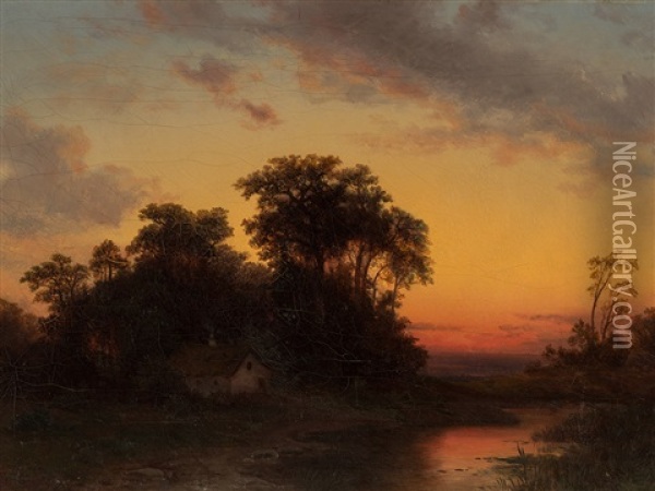 Landscape At Sunset Oil Painting - August Becker