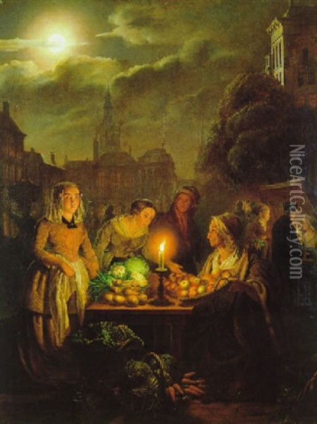 Abendliche Marktszene Im Kerzenschein, Im Hintergrund Eine Stadtsilhouette (amsterdam?) Oil Painting - Petrus van Schendel