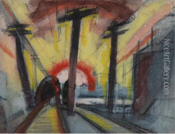 Railroad Tracks (cityscape With Sun) Oil Painting - Oscar Bluemner