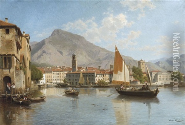 A View Of The City Of Riva On The Shores Of Lake Garda (italy) Oil Painting - Jacques Francois Carabain