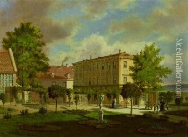 View Of A German Town (+ The Gardens Of A German Town Square; 2 Works) Oil Painting - Gustav Adolphe Hahn