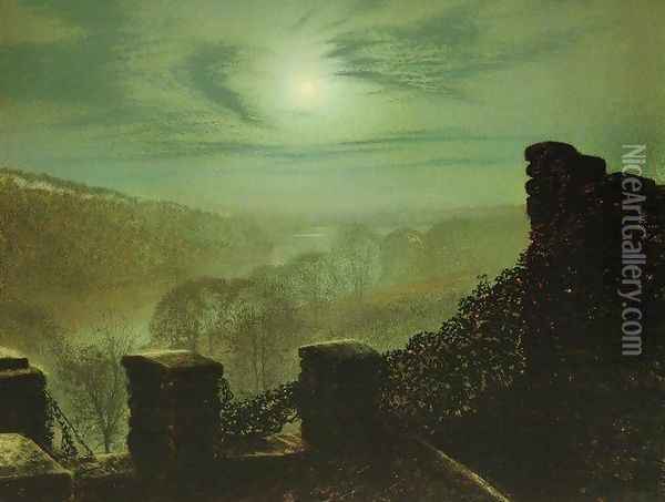 Full Moon behind Cirrus Cloud from the Roundhay Park Castle Battlements Oil Painting - John Atkinson Grimshaw