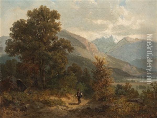 Hiker In Alpine Landscape Oil Painting - Bernhard Muehlig