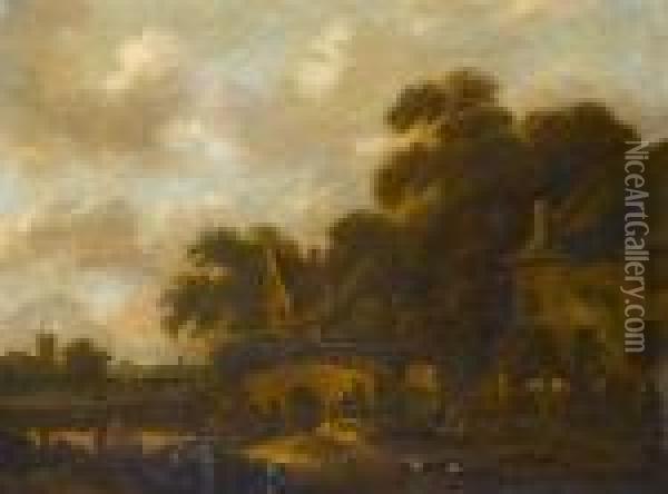 A Riverside Village With A Figure Resting Before A Tavern Oil Painting - Claes Molenaar (see Molenaer)