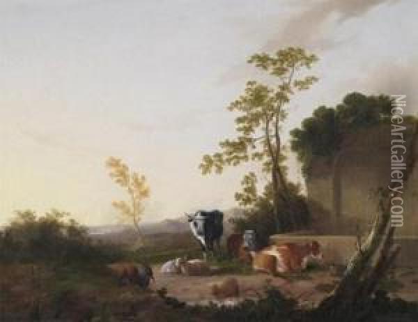 Cattle By Well In A Mountainous Landscape Oil Painting - James Baker Pyne