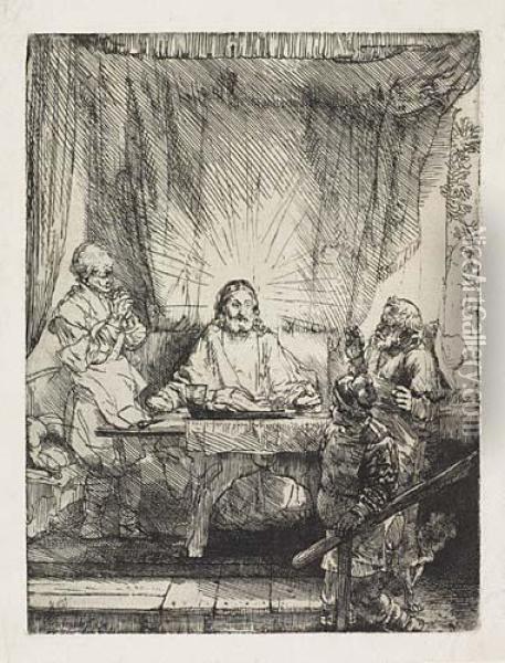 Christ At Emmaus: The Larger Plate Oil Painting - Rembrandt Van Rijn