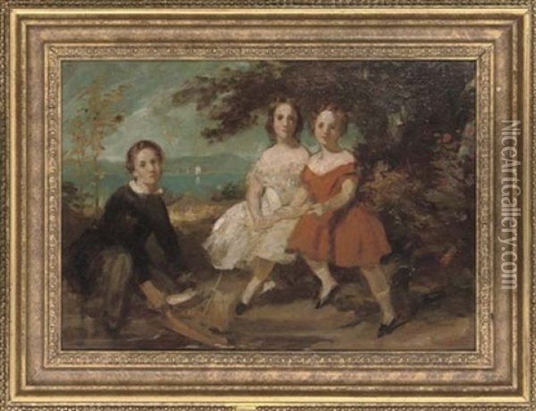 A Group Portrait Of Three Children,seated In A Landscape Oil Painting - Daniel Maclise