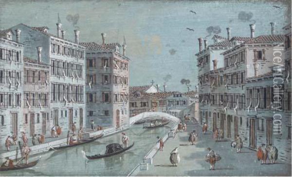 A Venetian Canal With The Wall 
Of A Garden To The Left; And Avenetian Canal With A Bridge In The 
Distance Oil Painting - Giacomo Guardi