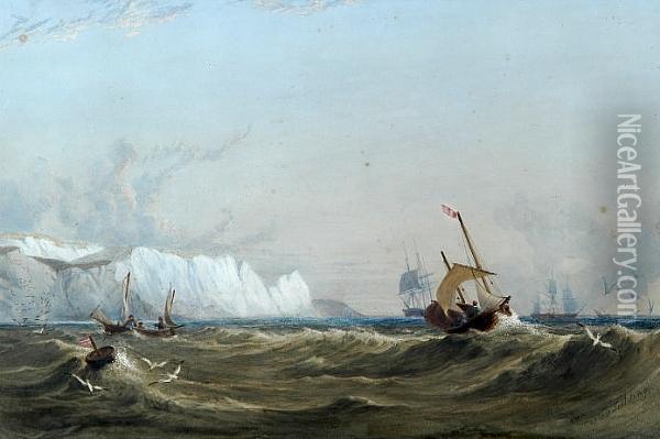 Vessels Off A Coastline With White Cliffs Oil Painting - Anthony Vandyke Copley Fielding