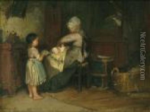 Dressing The Baby Oil Painting - Bernardus Johannes Blommers