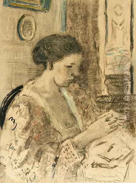 The Artist's Wife Sewing Oil Painting - Frederick Carl Frieseke