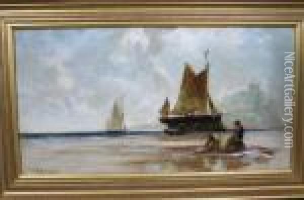 Low Tide, With Fishing Boats And Figures, Castle Beyond Oil Painting - Edwin Ellis