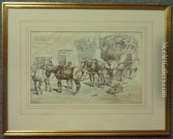 Stage Coach With Horses And Hostlers Oil Painting - James Archer