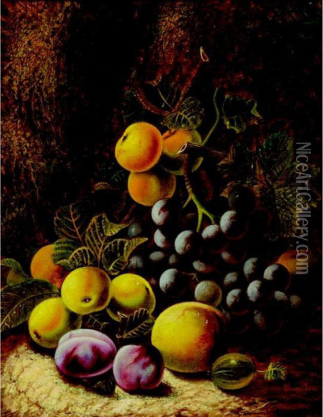 Still Life With Grapes, Plums And Peaches; Still Life With Raspberries And Plums Oil Painting - Oliver Clare
