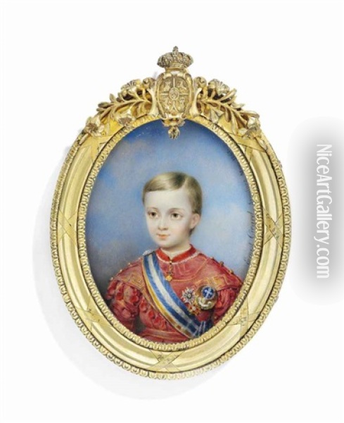 Alfonso Xii (1857-1885), King Of Spain, When Prince Of The Asturias, In Red Ceremonial Dress With Gold Key-pattern Border, Wearing The Jewel Of The Order Of The Golden Fleece Oil Painting - Ernest Joseph Girard