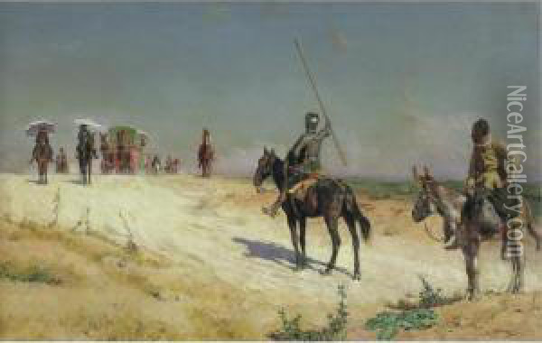 Don Quixote Halting The Caravan Oil Painting - Jose Moreno Carbonero