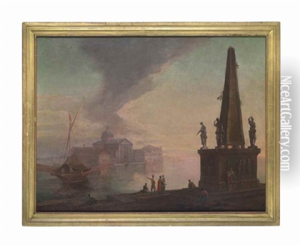 A Venetian Capriccio With Figures By The Water Oil Painting - Giovanni Richter