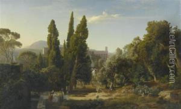 View Over Tivoli With The Cypresses In The Park Of Villa D'este. Oil Painting - Johann Wilhelm Schirmer