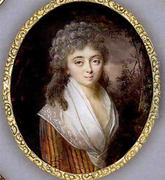 A Young Lady In A Forest, In Grey And Orange Striped Silk Dress With Embroidered Fichu Stole Caught At Corsage, Blue Ribbons In Her Long Powdered Curling Hair Oil Painting - Lie-Louis Perin-Salbreux