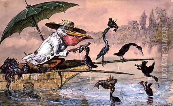 Cormorants presenting fish to a pelican in a punt under an umbrella from The Dream of the Fisherman Oil Painting - Ernest Henry Griset
