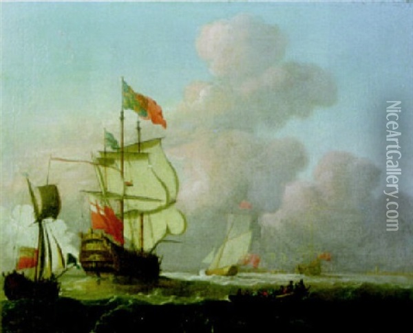A Man Of War Firing A Salute, Other Shipping And A Harbour Beyond Oil Painting - Peter Monamy