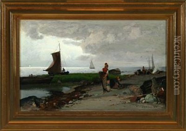 Costal Scenery With Fishing Boats Oil Painting - Konrad Alexander Mueller-Kurzwelly