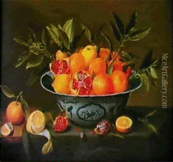 Citrons Et Grenades Dans Une Coupe De Porcelaine Oil Painting - Jacob van Hulsdonck