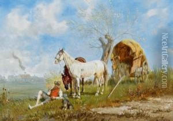 Landschaft Mit Einem Rastenden 
Bauern Und Seinemhund. Daneben Zwei Pferde Und Ein Heuwagen Oil Painting - Franz Quaglio