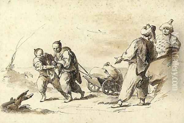 Four orientals, two pulling a cart Oil Painting - Pietro Antonio Novelli