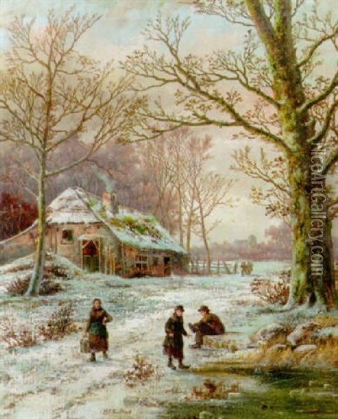 A Winter Landscape With Youngsters Putting On Their Skates Oil Painting - Hendrik Barend Koekkoek