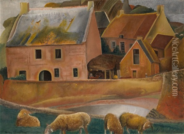 Farm With Lambs Oil Painting - Boris Dmitrievich Grigoriev