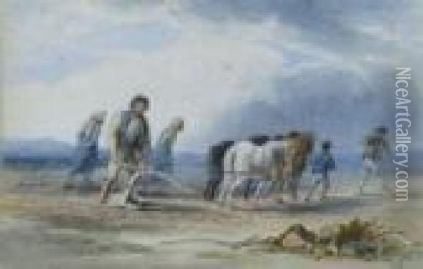 A Ploughman And His Family Working With A Team Of Horses Oil Painting - Henry Perlee Parker