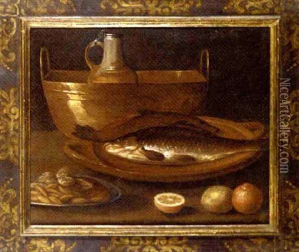 Fish On An Earthenware Platter, A Pitcher In A Copper Urn, A Dish Of Nuts, With Oranges And A Lemon On A Ledge Oil Painting - Alessandro de Loarte