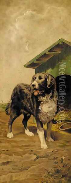 A dog by a kennel Oil Painting - English School