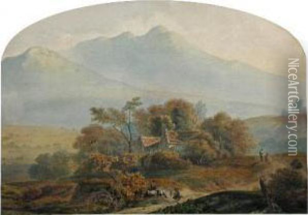 Walkers On A Track By A 
Farmhouse Before Ben Nevis Watercolour 30 X43cm Provenance: Private 
Collection Oil Painting - Thomas Miles Richardson