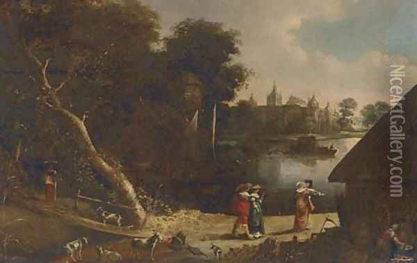A wooded river landscape with elegant company on a track Oil Painting - Aert van der Neer
