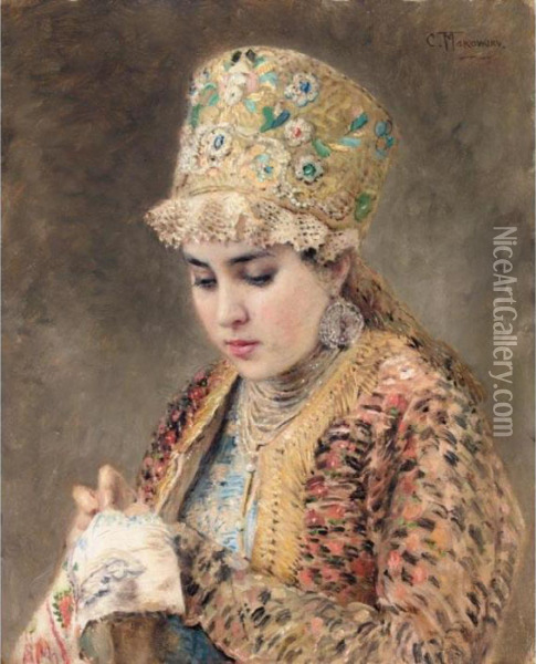 Portrait Of A Young Boyarina Oil Painting - Konstantin Egorovich Egorovich Makovsky