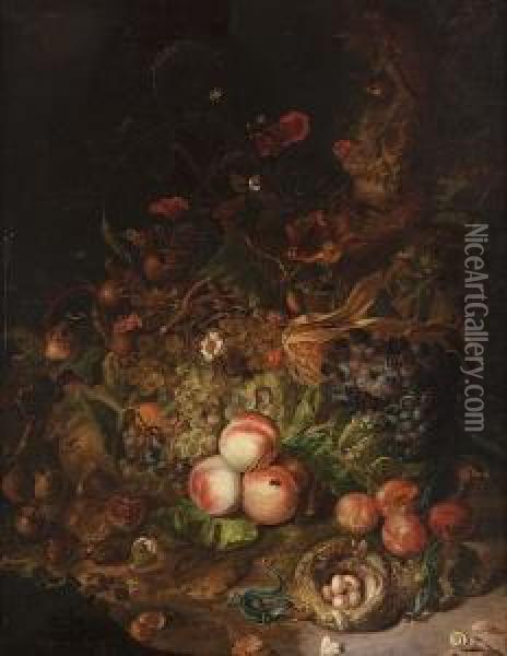 A Forest Floor Still Life With 
Grapes, Peaches, Plums And Other Fruit Along With Snails, A Lizard And 
Other Animals Oil Painting - Rachel Ruysch