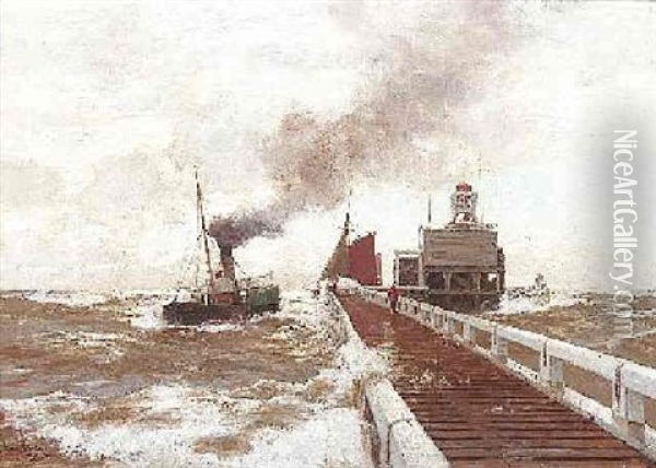 Segelschiff Und Dampfer Vor Der Mole Oil Painting - Erwin Carl Wilhelm Guenther