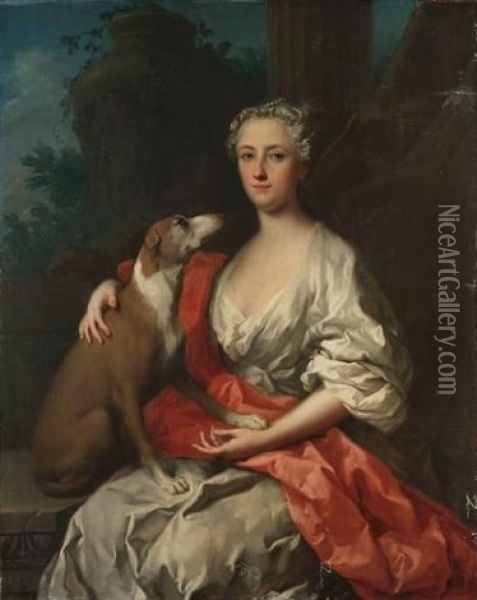 Portrait Of A Lady, Seated Three-quarter-length, In A White Dress With A Crimson Wrap, A Dog At Her Side, A Landscape Beyond Oil Painting - Jacopo Amigoni