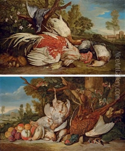 A Dead Cockerel, Ducks, A Pigeon, A Greenfinch And Mushrooms In An Italianate Landscape (+ Another; Pair) Oil Painting - Peter (Pieter Andreas) Rysbrack