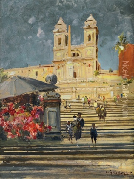 Roma, Scalinata Di Piazza Di Spagna Oil Painting - Cesare Gheduzzi