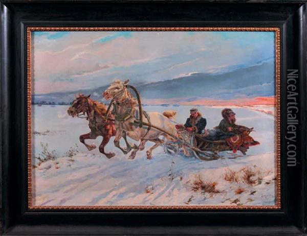 Ucieczka Przed Wilkami, 1908 R. Oil Painting - Albert Singer
