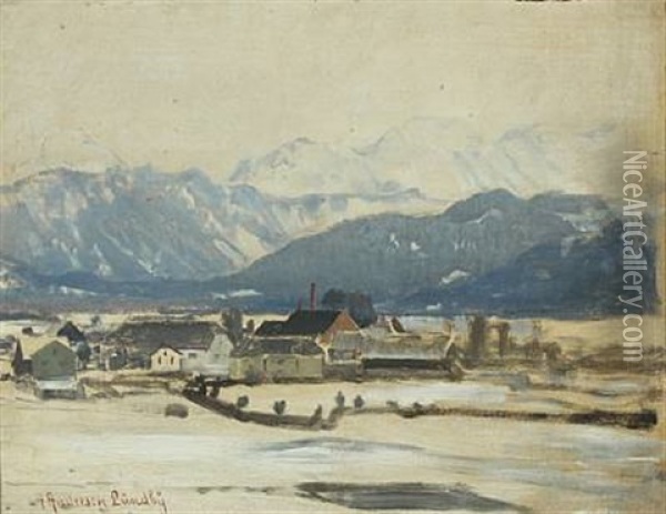 Wintry Landscape Near Munich, In The Background Mountains Oil Painting - Anders Andersen-Lundby