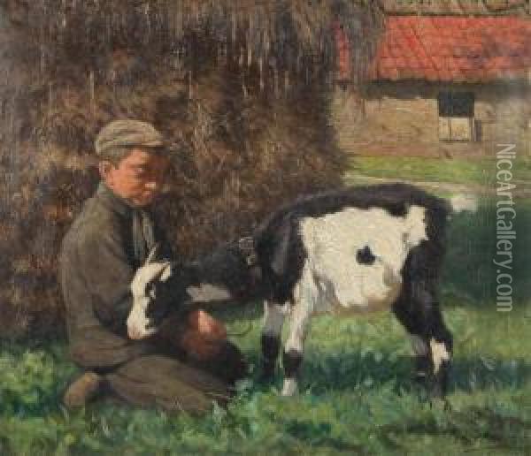 Boy With Goat Oil Painting - Piet Staut