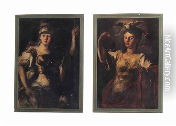 Allegory Of Fortitude And Allegory Of Justice (pair) Oil Painting - Francesco de Mura