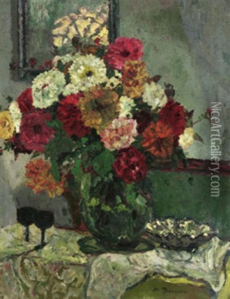 Ein Straus Dahlien In Der Vase Oil Painting - August Von Brandis